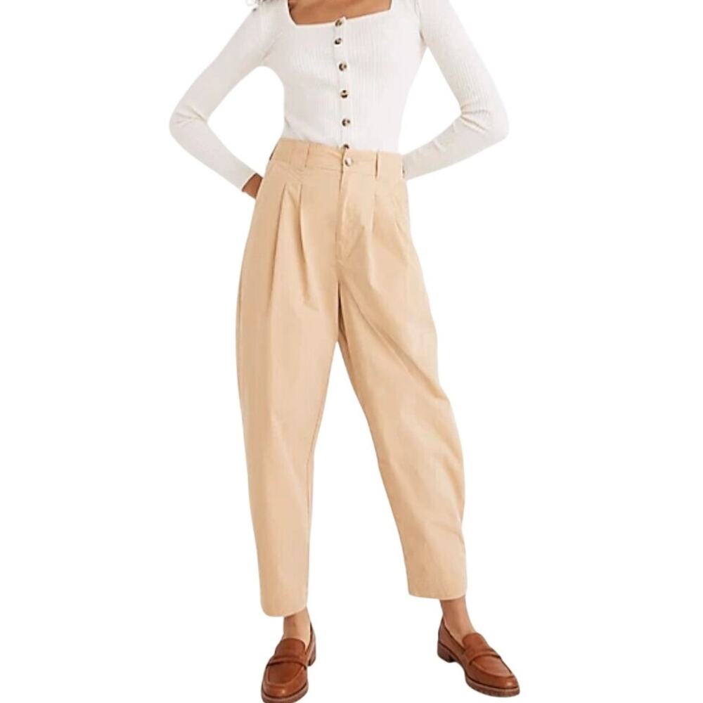 Madewell Pleated Balloon Pants Tan Size 2 High Waist Cotton Comfort Loose Casual